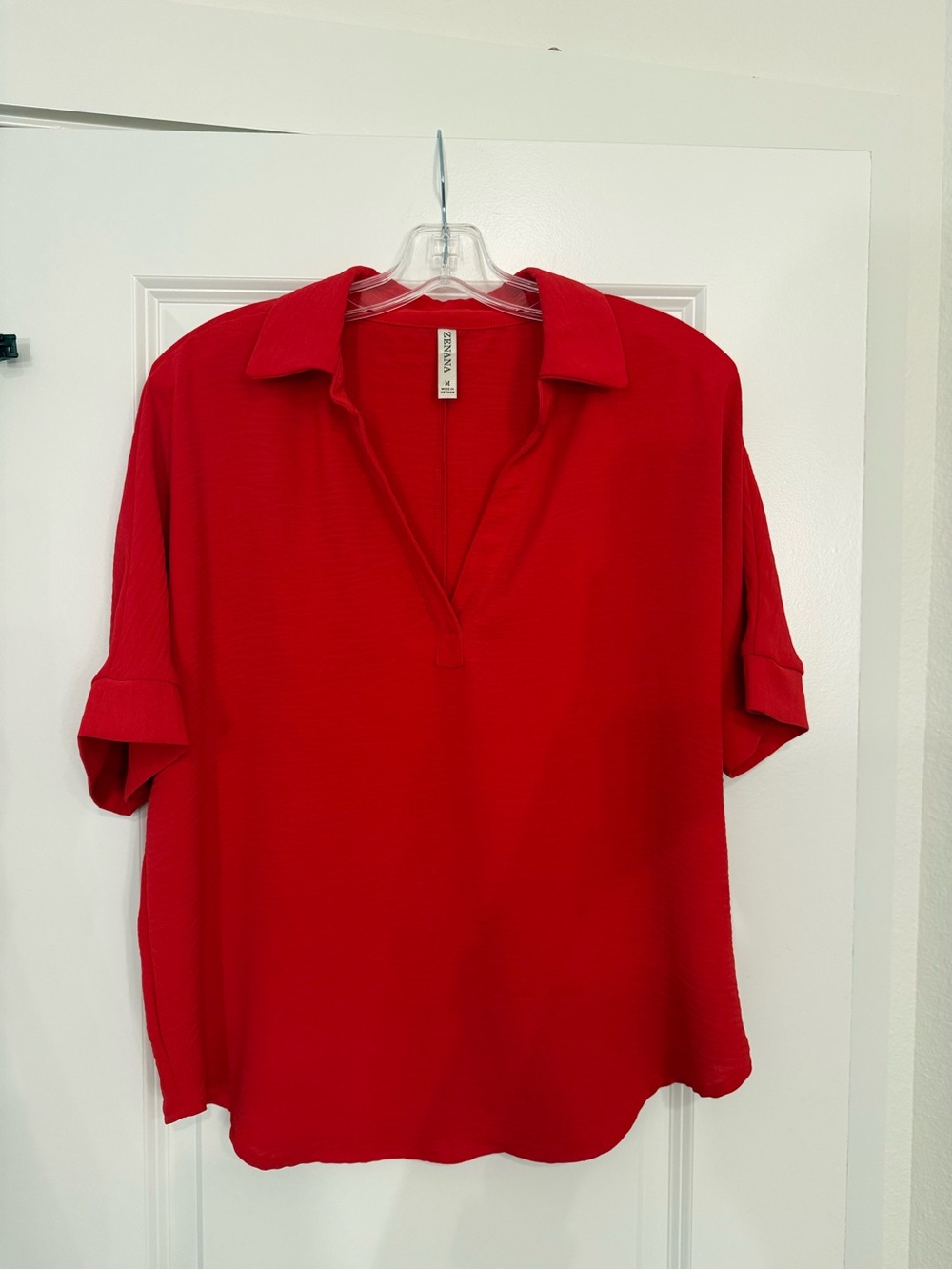 Zenana Red Collared V-Neck Short Sleeve Top